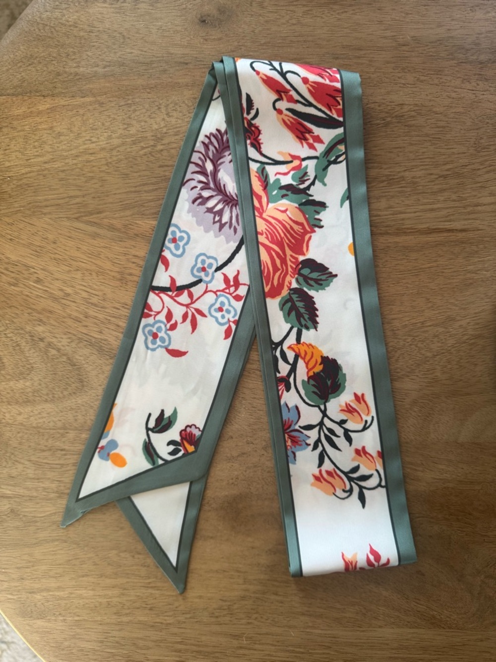 Floral Satin Hair Scarf with Green Trim